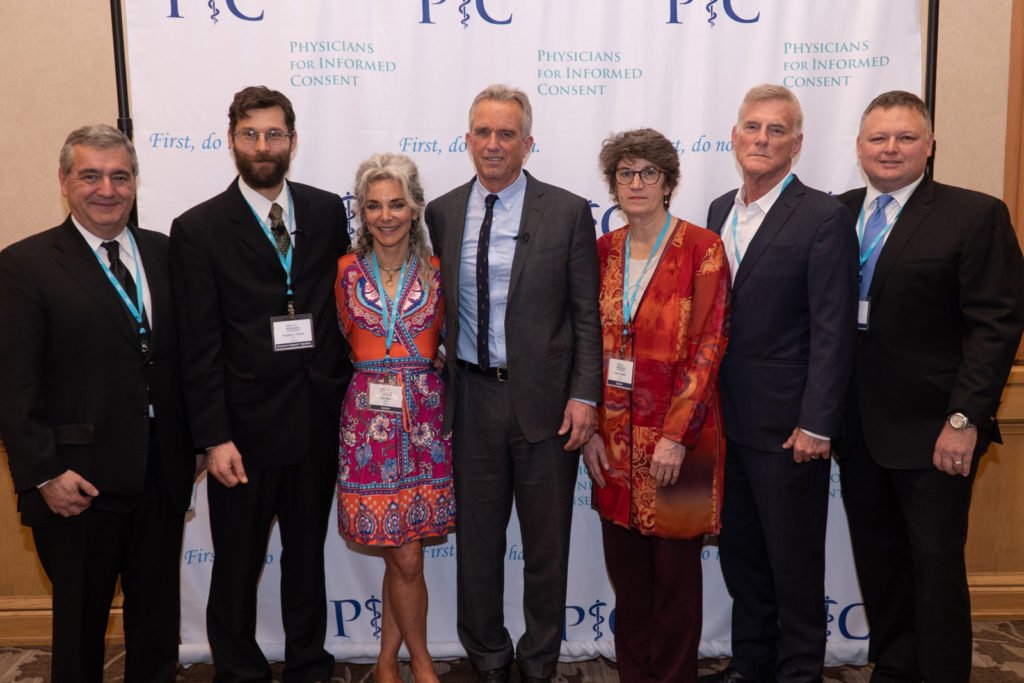 The PIC Workshop and Luncheon brought together key speakers working on the front lines of mandatory vaccination science, law and policy. Pictured from left to right: Jacques Simon, Greg Glaser, Dr. Toni Bark, Robert F. Kennedy Jr., Mary Holland, Richard Jaffe, and Brad Hakala.